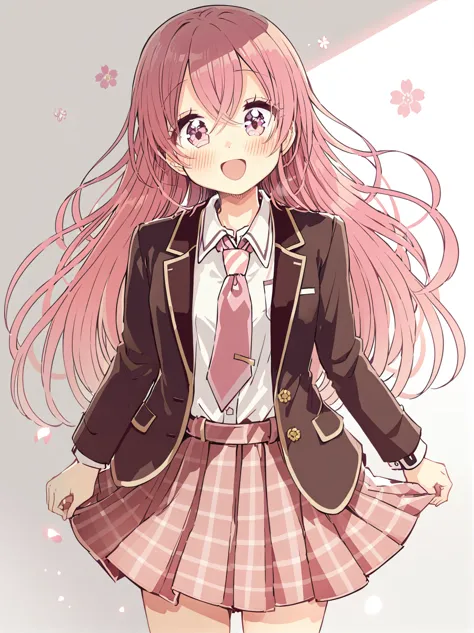 anime girl with long pink hair wearing a school uniform and a tie