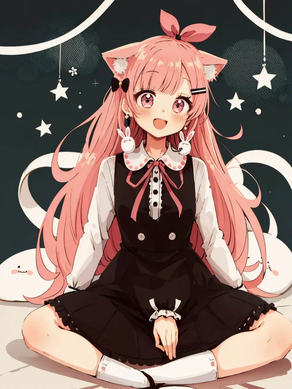 (masterpiece,best quality,highest quality,best anatomy:1.3),<lora:|$TLoHA_V2:0.8>,1girl,one eye closed,animal ears,pink hair,solo,jewelry,smile,earrings,hair ornament,blush,long hair,stuffed toy,open mouth,black bow,looking at viewer,stuffed animal,bow,long sleeves,shirt,hair bow,pink eyes,bangs,stuffed bunny,hairclip,white shirt,cat ears,animal ear fluff,ribbon,multicolored hair,black ribbon,neck ribbon,virtual youtuber,;d,sitting,rabbit hair ornament,collared shirt,crescent,string of flags