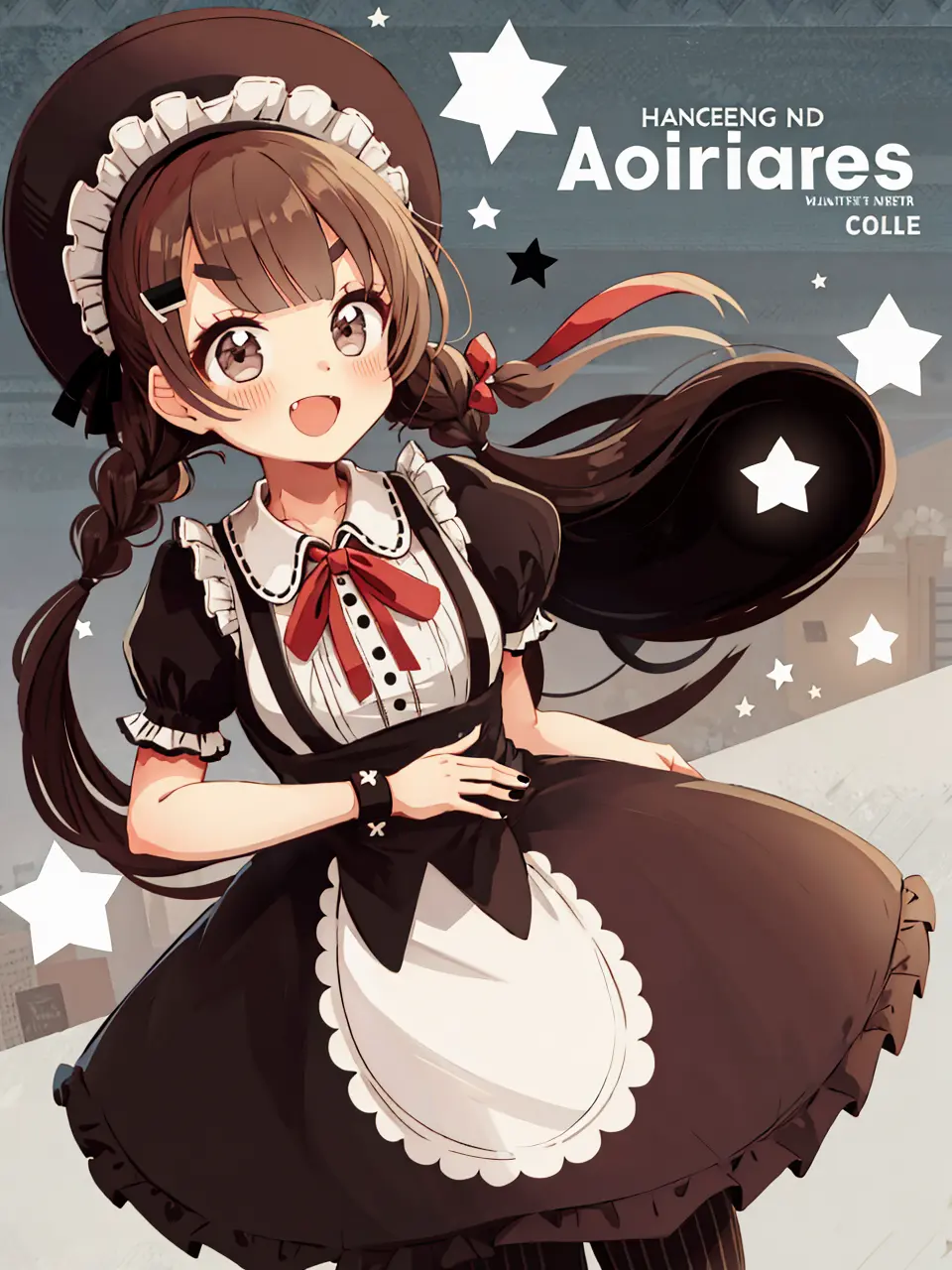 (masterpiece,best quality,highest quality,best anatomy:1.3),<lora:|$TLoHA_V2:0.8>,1girl,solo,long hair,brown eyes,shirt,brown skirt,braid,skirt,white shirt,blush,short sleeves,vertical stripes,very long hair,twin braids,nail polish,brown hair,striped,smile,plaid,open mouth,apron,hair ornament,ribbon,:d,hairclip,bow,plaid skirt,frills,star (symbol),red ribbon,waist apron,pantyhose,hat,looking at viewer,bangs,frilled skirt,puffy sleeves,puffy short sleeves,white apron,hair bow,neck ribbon,frilled apron,personification,holding,striped background,fang,twintails,vertical-striped pantyhose,diagonal stripes,brown headwear,black pantyhose,v-shaped eyebrows,striped pantyhose,black nails,english text,collared shirt,brown bow,breasts