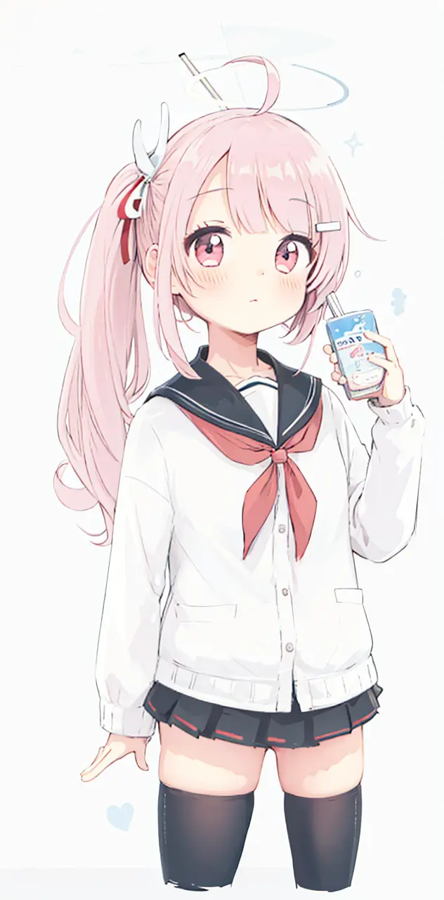 (masterpiece,best quality,highest quality,best anatomy:1.3),<lora:|$TLoHA_V2:0.8>,1girl,solo,milk carton,pink hair,thighhighs,school uniform,red eyes,juice box,side ponytail,ahoge,skirt,red neckerchief,sailor collar,neckerchief,black thighhighs,holding,white background,looking at viewer,long hair,pleated skirt,serafuku,white cardigan,simple background,halo,long sleeves,black skirt,bangs,flat color,cropped legs,drinking straw,cardigan,hair ornament,closed mouth,:<