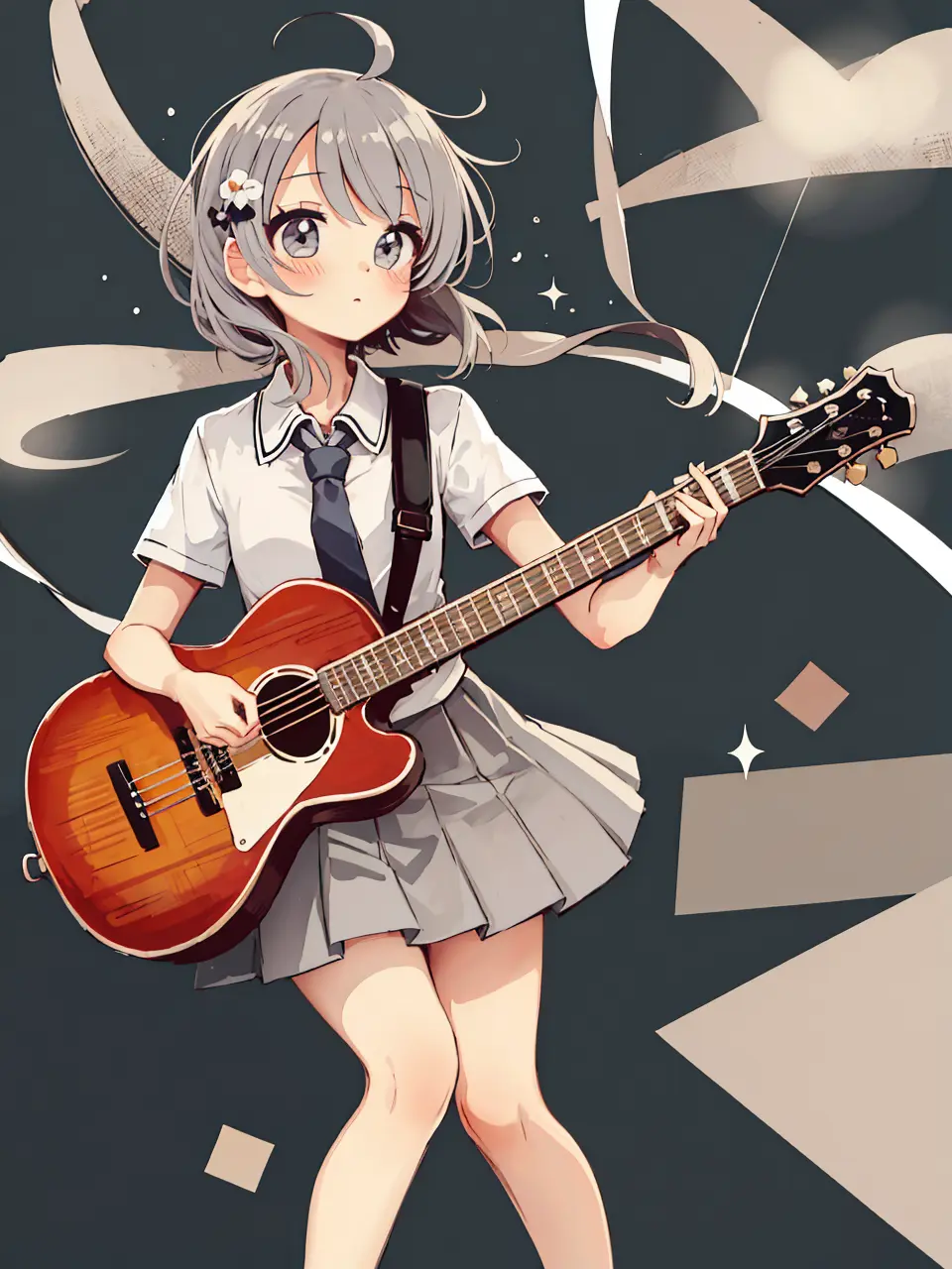 anime girl with guitar and dress with ribbon in background