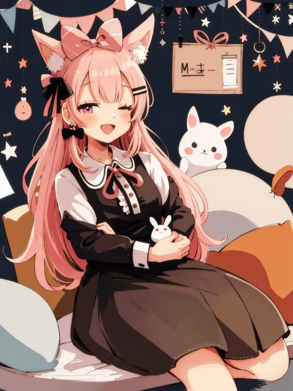 (masterpiece,best quality,highest quality,best anatomy:1.3),<lora:|$TLoHA_V2:0.8>,1girl,one eye closed,animal ears,pink hair,solo,jewelry,smile,earrings,hair ornament,blush,long hair,stuffed toy,open mouth,black bow,looking at viewer,stuffed animal,bow,long sleeves,shirt,hair bow,pink eyes,bangs,stuffed bunny,hairclip,white shirt,cat ears,animal ear fluff,ribbon,multicolored hair,black ribbon,neck ribbon,virtual youtuber,;d,sitting,rabbit hair ornament,collared shirt,crescent,string of flags