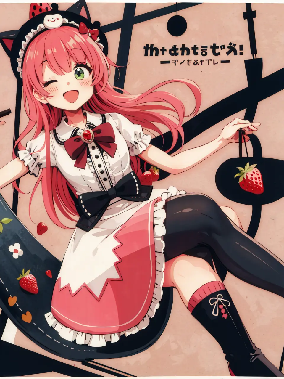 (masterpiece,best quality,highest quality,best anatomy:1.3),<lora:|$TLoHA_V2:0.8>,1girl,solo,one eye closed,checkerboard cookie,long hair,cookie,food,pink hair,green eyes,;d,tail,open mouth,smile,strawberry,fork,boots,bow,fruit,hat,ahoge,candy,thighhighs,cat tail,hairband,blush,rainbow,hair bow,animal hat