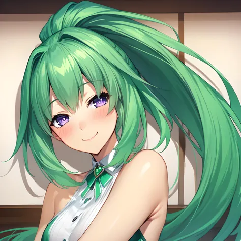 (masterpiece),(best quality),(ultra-detailed),(best illustration),(best shadow),(absurdres),(detailed background),(very aesthetic),  green heart, dressoutfit, green heart, casualoutfit, 1girl, green hair, symbol-shaped pupils, smile, solo, purple eyes, looking at viewer, long hair, power symbol, bare shoulders, ponytail, blush portrait, <lora:XL-GreenHeartv0.5:1>