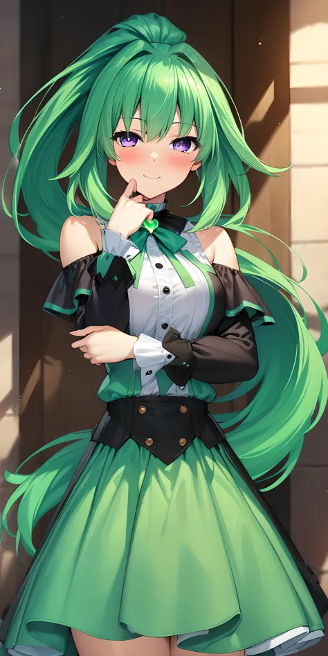 (masterpiece),(best quality),(ultra-detailed),(best illustration),(best shadow),(absurdres),(detailed background),(very aesthetic),  green heart, dressoutfit, green heart, casualoutfit, 1girl, green hair, symbol-shaped pupils, smile, solo, purple eyes, looking at viewer, long hair, power symbol, bare shoulders, ponytail, blush portrait, <lora:XL-GreenHeartv0.5:1>