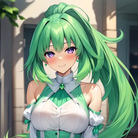 (masterpiece),(best quality),(ultra-detailed),(best illustration),(best shadow),(absurdres),(detailed background),(very aesthetic),  green heart, dressoutfit, green heart, casualoutfit, 1girl, green hair, symbol-shaped pupils, smile, solo, purple eyes, looking at viewer, long hair, power symbol, bare shoulders, ponytail, blush portrait, <lora:XL-GreenHeartv0.5:1>