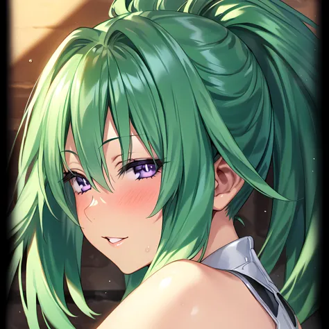 anime girl with green hair and blue eyes in a room