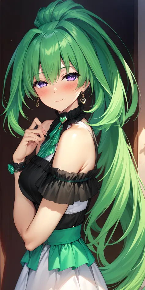 anime girl with green hair and black dress posing for a picture