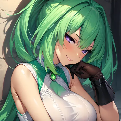 anime girl with green hair and gloves posing for a picture