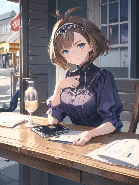 masterpiece,best quality,highres,cinematic lighting,dramatic angle,1girl,brown hair,blue eyes,ahoge,hairband,looking back at viewer,turning head,<lora:ShadowverseShionV2-000013:0.8:lbw=1,0.1,1,0.1,0.1,0.5,0.8,1,0.1,1,1,1,1,1,1,1,1>,purple dress,drinking with straw,handbag,dating,crowd,sitting,chair and desk,sunshade,depth of field,streetscape,close-up,portrait,happy,