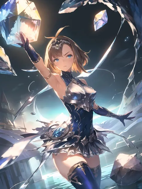 masterpiece,best quality,highres,cinematic lighting,dramatic angle,1girl,brown hair,blue eyes,ahoge,hairband,armor,bodysuit,highleg leotard,liquid clothes,miniskirt,gloves,thighhighs,looking at viewer,<lora:ShadowverseShionV2-000013:0.8:lbw=1,0.1,1,0.1,0.1,0.5,0.8,1,0.1,1,1,1,1,1,1,1,1>,water,magic,floating crystal,serious,upraised eyebrows,raised arms,elbow gloves