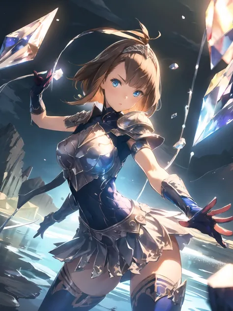 masterpiece,best quality,highres,cinematic lighting,dramatic angle,1girl,brown hair,blue eyes,ahoge,hairband,armor,bodysuit,highleg leotard,liquid clothes,miniskirt,gloves,thighhighs,looking at viewer,<lora:ShadowverseShionV2-000013:0.8:lbw=1,0.1,1,0.1,0.1,0.5,0.8,1,0.1,1,1,1,1,1,1,1,1>,water,magic,floating crystal,serious,upraised eyebrows,raised arms,elbow gloves