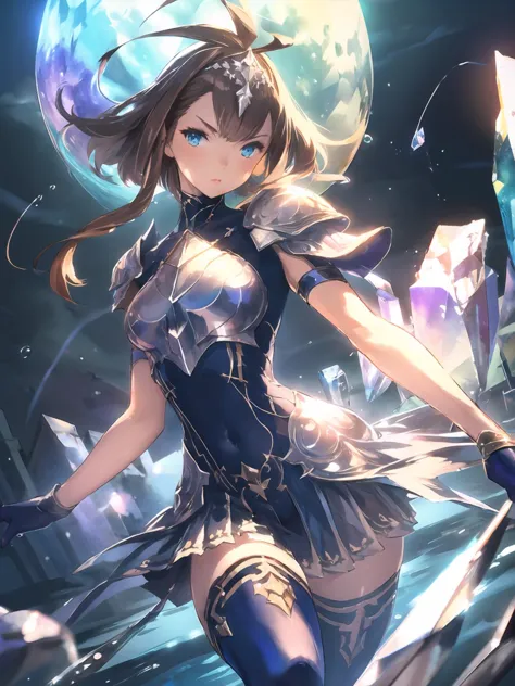 masterpiece,best quality,highres,cinematic lighting,dramatic angle,1girl,brown hair,blue eyes,ahoge,hairband,armor,bodysuit,highleg leotard,liquid clothes,miniskirt,gloves,thighhighs,looking at viewer,<lora:ShadowverseShionV2-000013:0.8:lbw=1,0.1,1,0.1,0.1,0.5,0.8,1,0.1,1,1,1,1,1,1,1,1>,water,magic,floating crystal,serious,upraised eyebrows