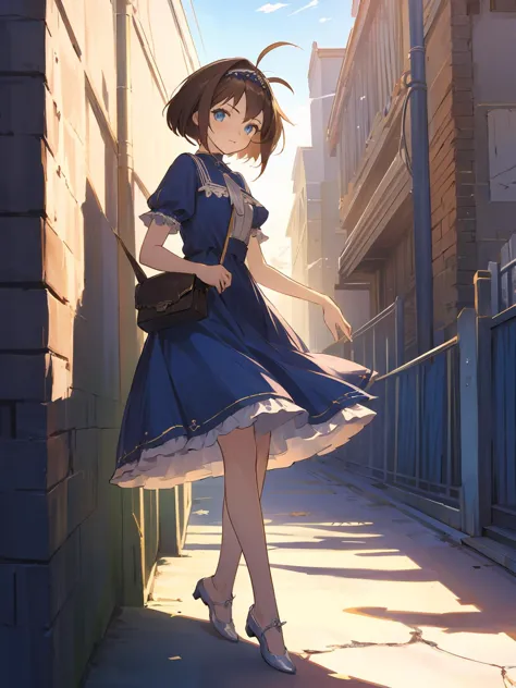 masterpiece,best quality,highres,cinematic lighting,dramatic angle,<lora:ShadowverseShionV1:0.8>,1girl,blue dress,white frills,hairband,ahoge,brown hair,short hair,blue eyes,handbag,white footwear,jewelry,looking at viewer,standing by wall,streetscape,smartphone,cowboy shot,depth of field