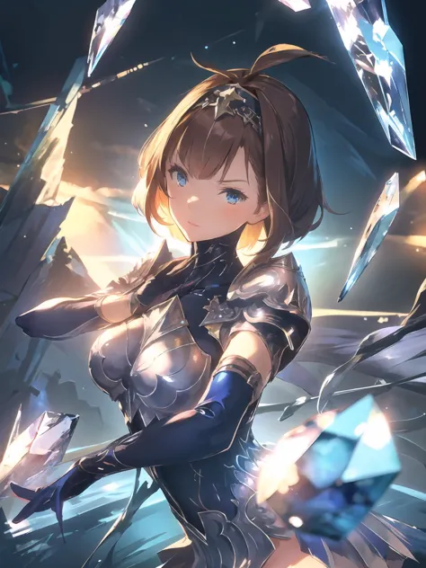 masterpiece,best quality,highres,cinematic lighting,dramatic angle,1girl,brown hair,blue eyes,ahoge,hairband,armor,bodysuit,highleg leotard,liquid clothes,miniskirt,gloves,thighhighs,looking at viewer,<lora:ShadowverseShionV2-000013:0.8:lbw=1,0.1,1,0.1,0.1,0.5,0.8,1,0.1,1,1,1,1,1,1,1,1>,water,magic,floating crystal,serious,upraised eyebrows