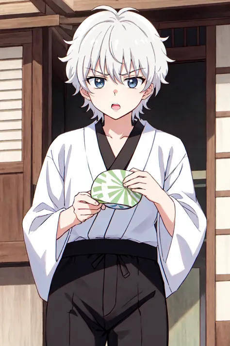 anime character with white hair and black pants holding a plate of food