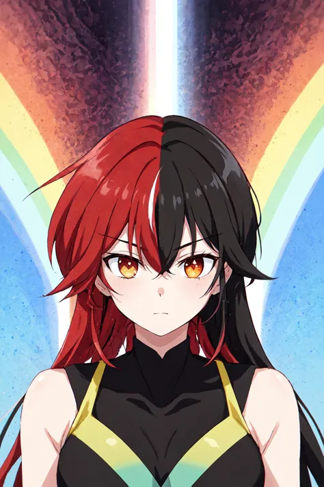 a woman with long red hair and black top standing in front of a rainbow