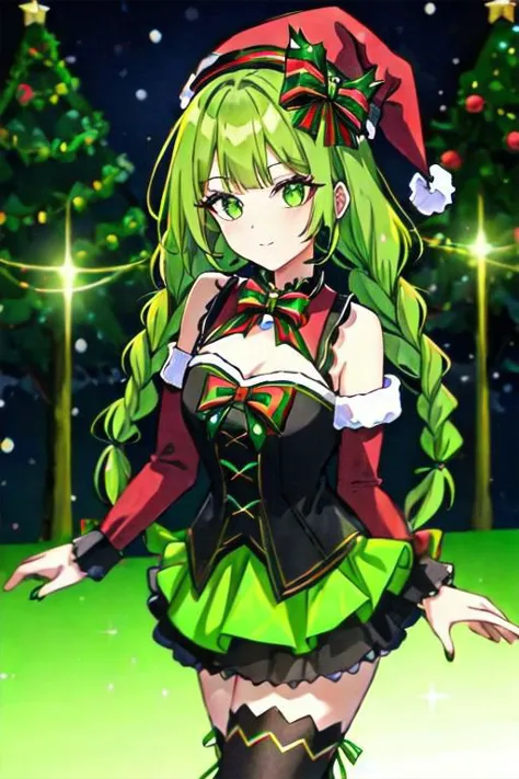 a woman in a green dress and a santa hat