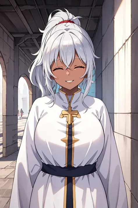 (best quality, highres, masterpiece:1.2), (cyberpunk america, afro american, dark_skin:1), (1girl, woman, crazy_smile:1.1), (original priest, white robes:1), (closed_eyes:1), (silver_hair, medium_hair, low_ponytail:1), (chubby body:1), (outside dreamy museum:1.1), (radiant, enticing, bewitching:1.4),