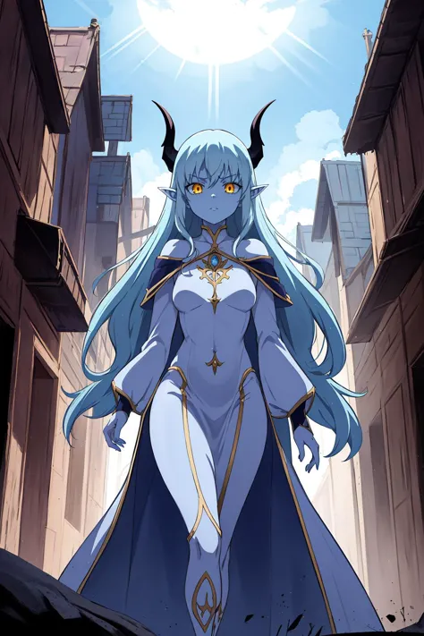 a woman in a blue dress and horns stands in a narrow alley