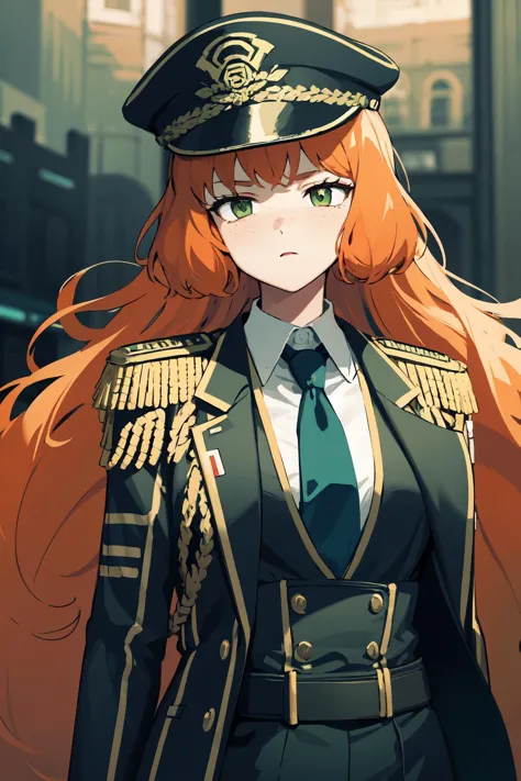 anime girl in uniform with red hair and green eyes