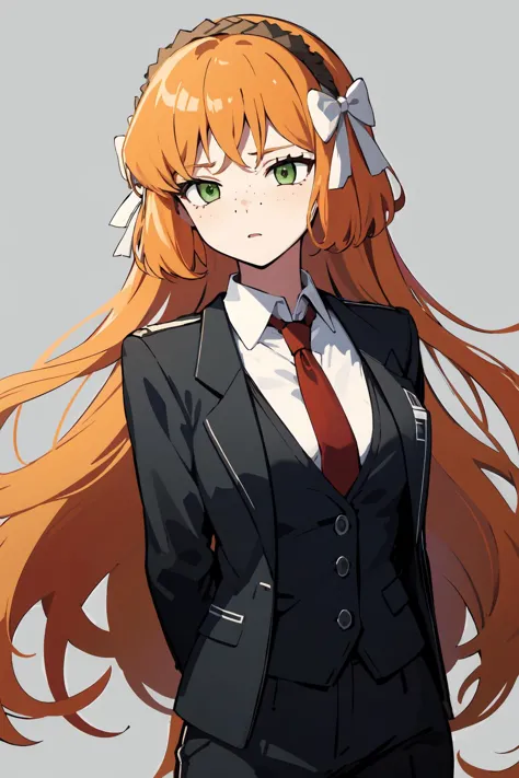 anime girl with long red hair wearing a suit and tie