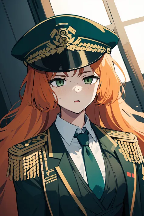 masterpiece, high quality, highres, 1girl, solo, <lora:ishmael-limbus-v4-wasabiya:1> ishmael, very long hair, orange hair, green eyes, freckles,captain-uniform, epaulettes, military hat, green necktie, green colored tips, black jacket, white shirt