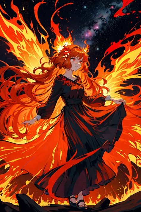 a woman in a long dress standing in front of a fire