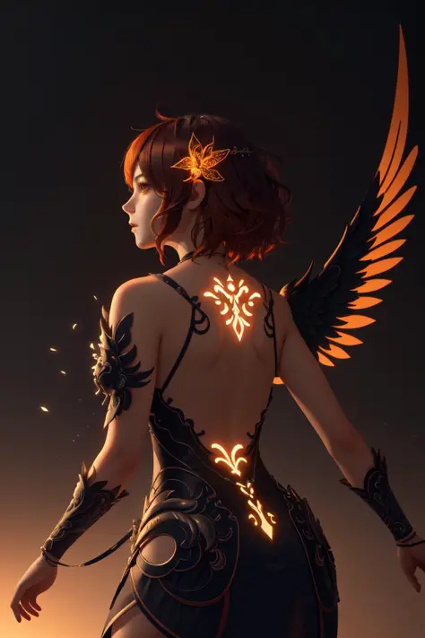 1 chica, divine goddess with orange curly hair and intricately detallado back wings,Alas de efecto brillante, cuadro, arte de fan,detallado, anatomía perfecta,luz reflejada, Luz realista,Fondo de pantalla de 8k octanos,línea dura,highly detallado,