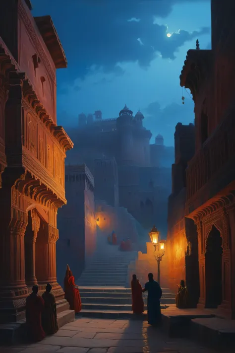 fantasy atmosphere, mehrangarh fort at jodhpur, indian fort, red sandstone (15th century:1.5), dramatic atmosphere, dream scener...