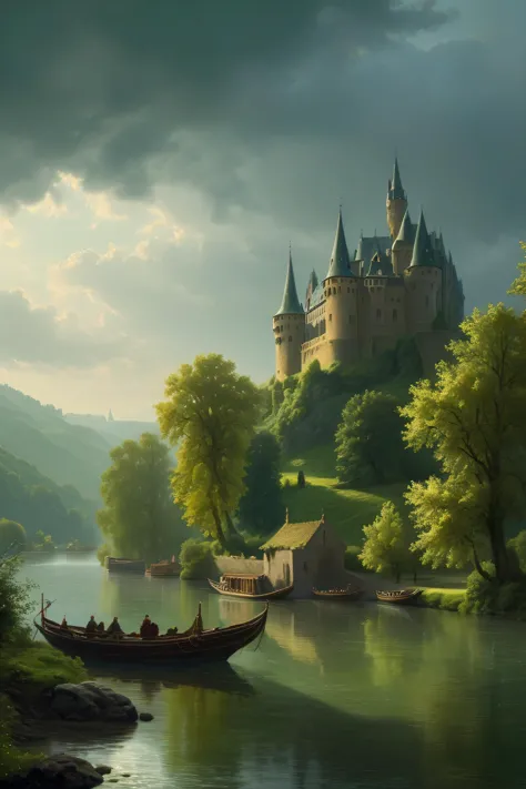 fantasy atmosphere, (a small castle trond above the river rhine in germany on a suny day),(13th century:1.5), dramatic atmospher...