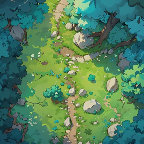 a cartoon style image of a path through a forest