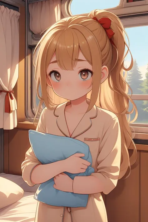 (masterpiece, best quality), 1girl, Sizes I to L breasts,Chestnut Blonde Low Braided Ponytail with Ribbon Tie, train roomette, bunk bed, big window, wooden wall, sleeping, pajamas,  scared to sleep alone