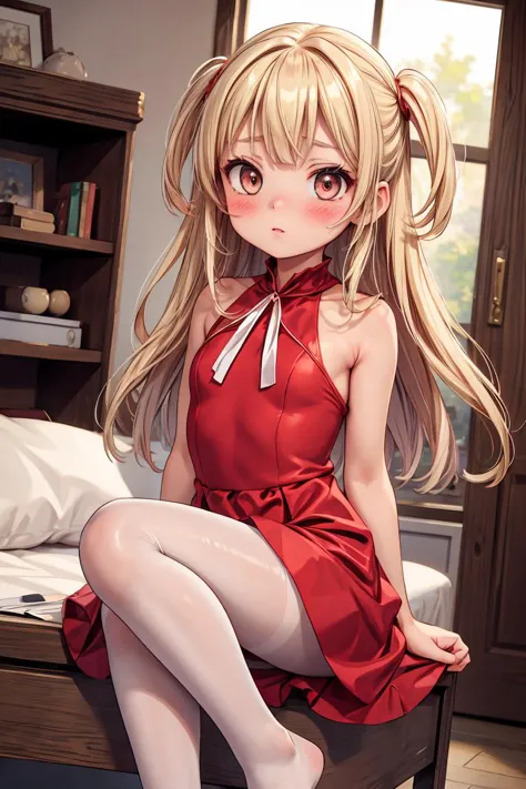 anime girl in red dress sitting on a bed with a bookcase