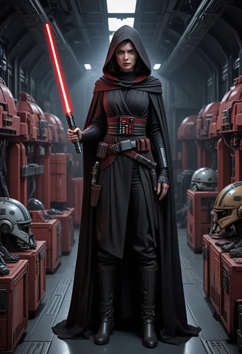 (medium full shot) of (ominous sith lord) young female, human, fair skin, blue eyes, brown hair,           wearing a armored sit...