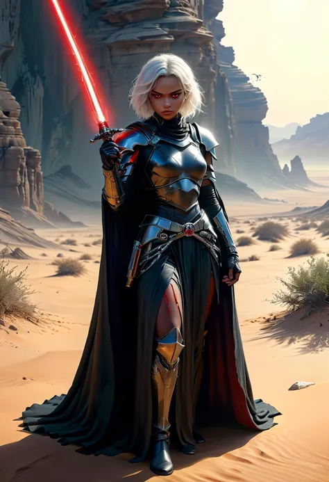 (medium full shot) of (ominous sith lord) young female, human, dark skin, red eyes, white hair,           wearing a ceremonial s...