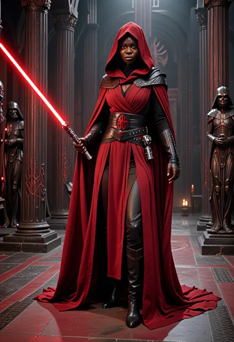 (medium full shot) of  (terrifying sith lord) young female, human, dark skin, yellow eyes, brown hair,           wearing a heavy...