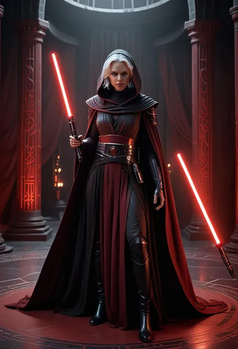 (medium full shot) of (powerful sith lord) young female, human, tan skin, yellow eyes, white hair,           wearing a armored s...