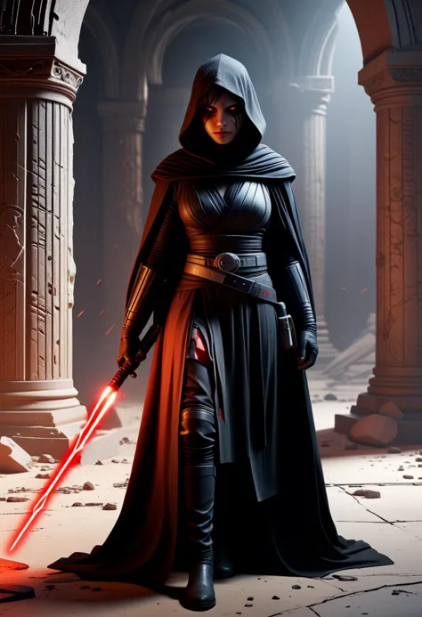 (medium full shot) of (powerful sith lord) young female, human, dark skin, red eyes, brown hair,           wearing a heavy black...