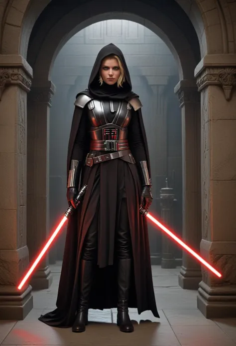 (medium full shot) of (ominous sith lord) young female, human, dark skin, green eyes, blonde hair,           wearing a armored s...