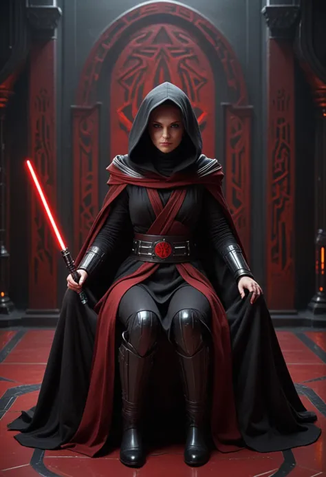 (medium full shot) of (malevolent sith lord) young female, human, tan skin, blue eyes, shaved head,           wearing a hooded s...