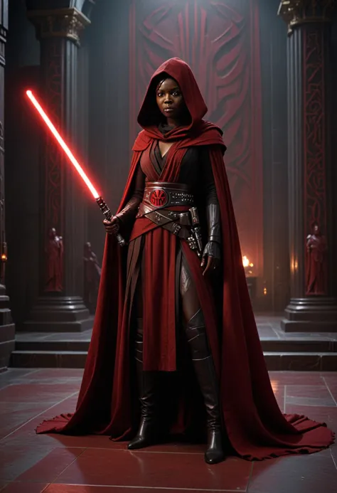 (medium full shot) of (terrifying sith lord) young female, human, dark skin, yellow eyes, brown hair,           wearing a heavy ...