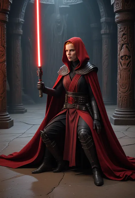 (medium full shot) of (terrifying sith lord) young female, human, dark skin, yellow eyes, ginger hair,           wearing a cerem...