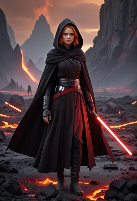 (medium full shot) of (powerful sith lord) young female, human, tan skin, yellow eyes, ginger hair,           wearing a hooded s...