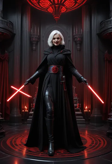 (medium full shot) of (fearsome sith lord) young female, human, pale skin, red eyes, white hair,           wearing a heavy black robe, high-collared Sith tunic, utility belt with pouches, high black boots, heavy woolen cloak, holding double-bladed red lightsaber, laughing, jumping in the air, set in  Sith Throne Room, Darkened space with a gothic throne carved from black stone, heavy velvet curtains in deep crimson, polished obsidian floors with intricate Sith symbols etched in red, a row of sinister-looking busts on pedestals, an elaborate chandelier with red crystals hanging overhead , at dawn, star wars universe, Masterpiece,best quality, photorealistic, amazing quality, very aesthetic, extremely detailed face,