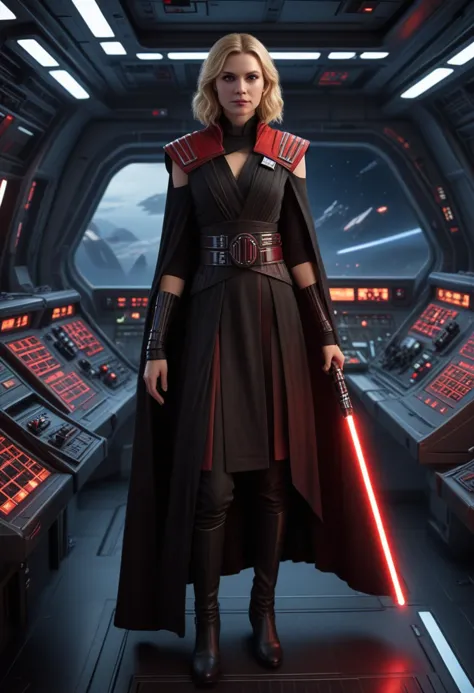 (medium full shot) of (fearsome sith lord) young female, human, tan skin, red eyes, blonde hair,           wearing a ceremonial ...