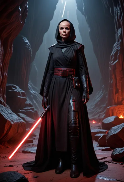 (medium full shot) of (intimidating sith lord) young female, human, tan skin, yellow eyes, shaved head,           wearing a heav...