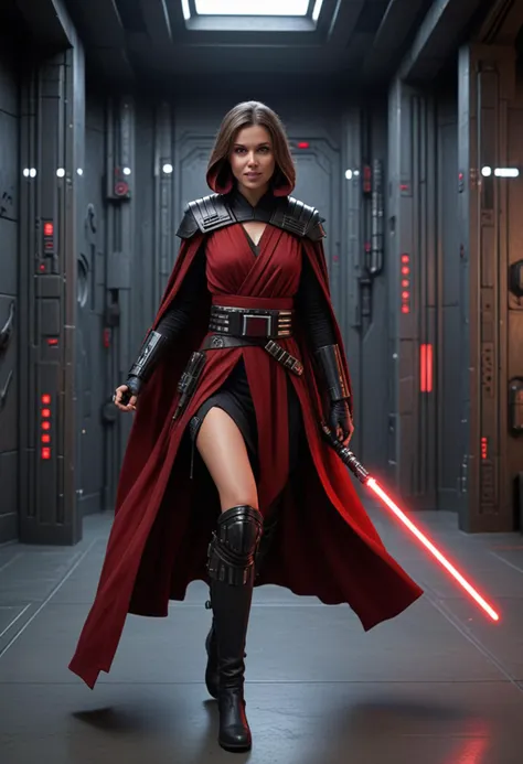 (medium full shot) of (terrifying sith lord) young female, human, tan skin, blue eyes, brown hair,           wearing a armored s...