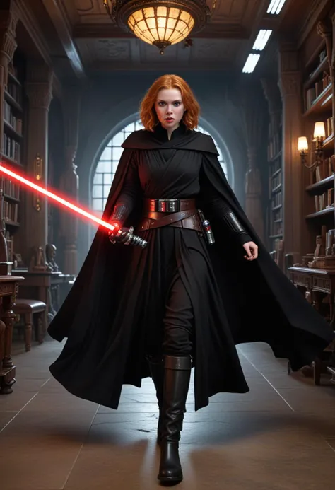 (medium full shot) of (ruthless sith lord) young female, human, pale skin, green eyes, ginger hair,           wearing a heavy bl...