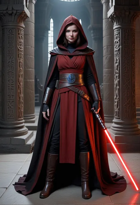 (medium full shot) of (malevolent sith lord) young female, human, pale skin, blue eyes, brown hair,           wearing a hooded s...